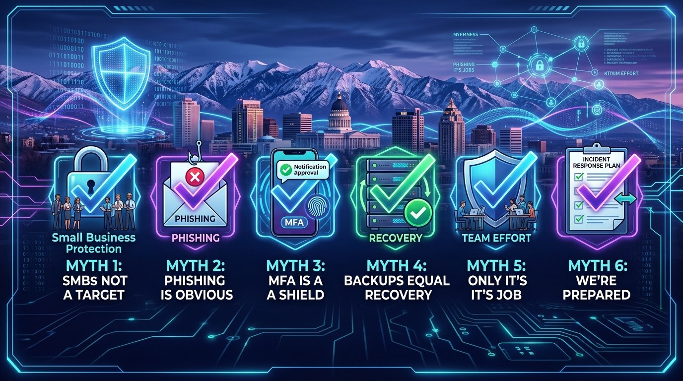 Cybersecurity myth icons over the Salt Lake City skyline for insurance agencies