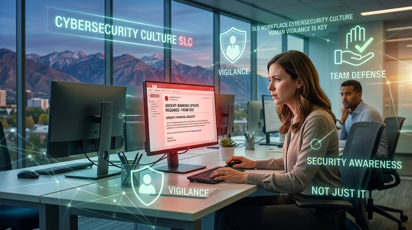 Dental office employees discussing a suspicious payment request email at a desk